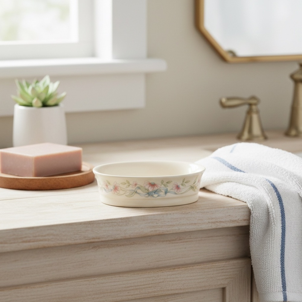 Princess House Exclusive Floral Ribbon Soap Dish Porcelain Vintage Bathroom Deco